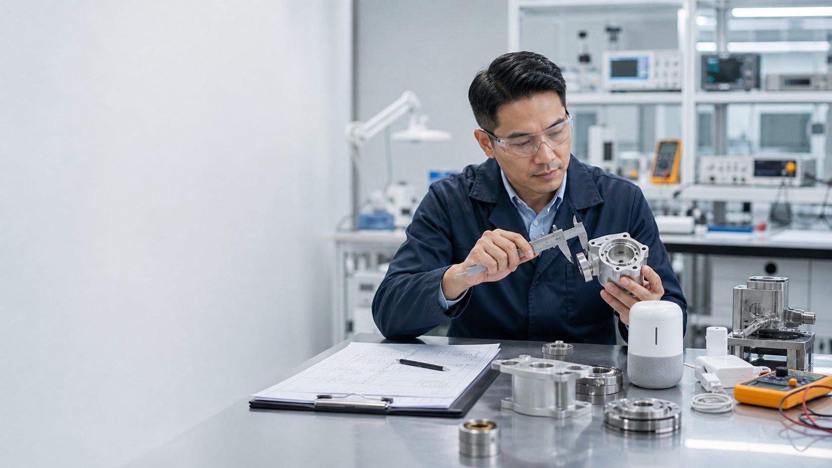 Ingeniero de certificación de producto inspeccionando componentes en un laboratorio de evaluación técnica